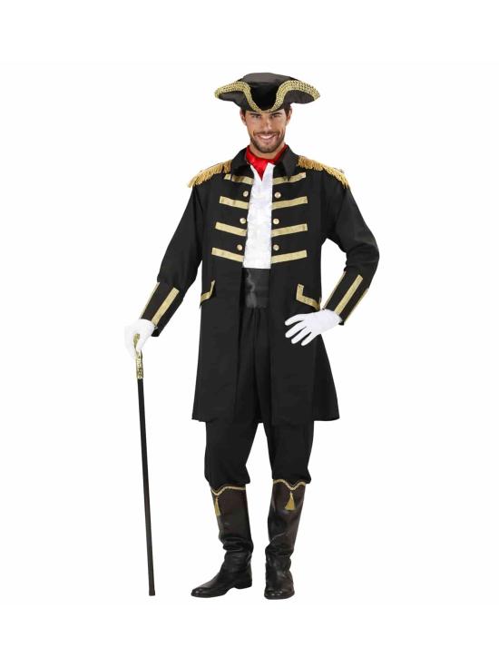Jaqueta preta e chapéu de pirata ou capitão