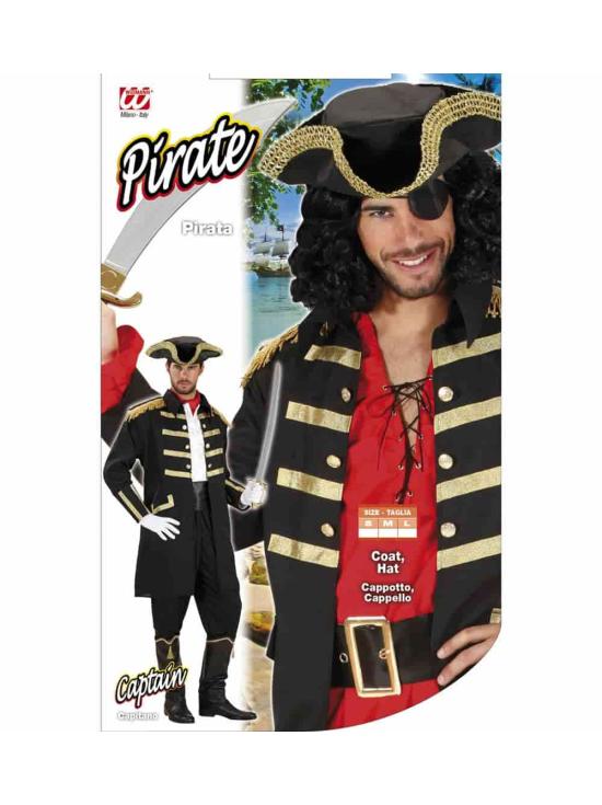 Jaqueta preta e chapéu de pirata ou capitão