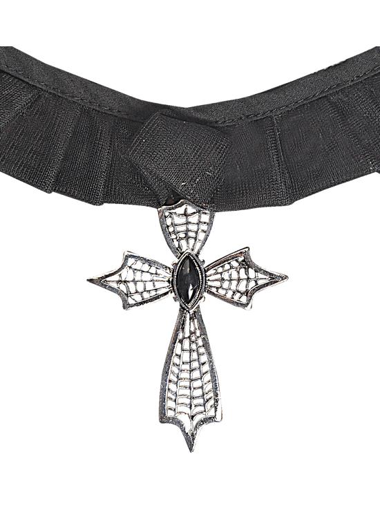 Colar Cruz Gótica com Ornamento de Pedra Preta