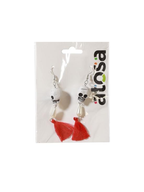 Brincos de caveira com pérolas e borlas vermelhas