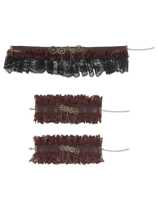 Conjunto de acessórios steampunk marrom – colar e pulseiras de renda