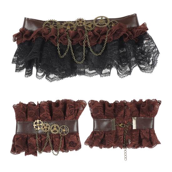 Conjunto de acessórios steampunk marrom – colar e pulseiras de renda