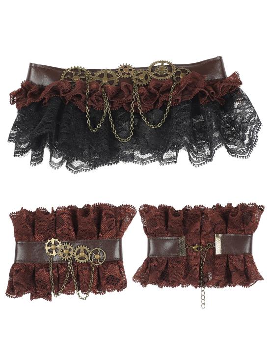 Conjunto de acessórios steampunk marrom – colar e pulseiras de renda