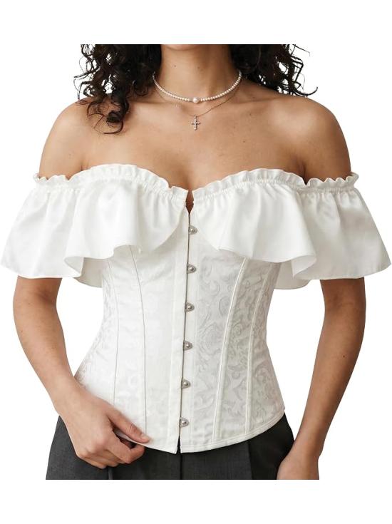 Corpete branco com babados para mulheres - Traje de princesa, marquesa e dama de época