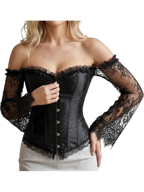 Corset preto feminino com mangas compridas de renda - Ideal para fantasias de princesa, marquesa e dama gótica.