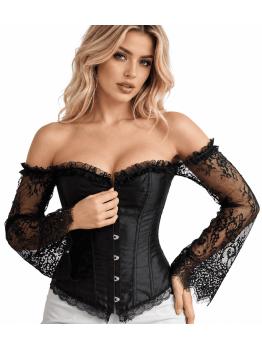 Corset preto feminino com mangas compridas de renda - Ideal para fantasias de princesa, marquesa e dama gótica.