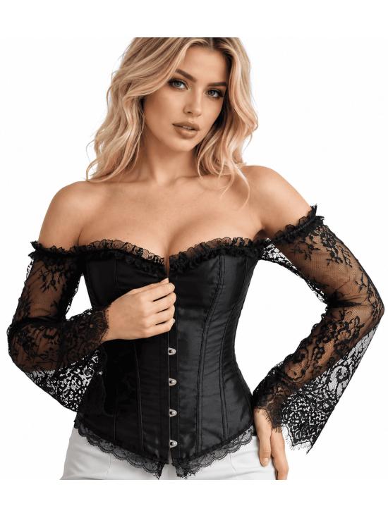Corset preto feminino com mangas compridas de renda - Ideal para fantasias de princesa, marquesa e dama gótica.