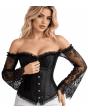 Corset preto feminino com mangas compridas de renda - Ideal para fantasias de princesa, marquesa e dama gótica.