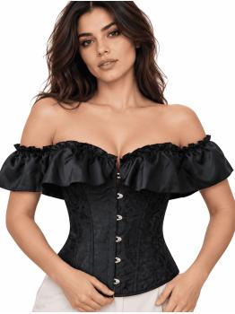 Corset preto com babados para mulheres - Traje de princesa, marquesa e dama de época