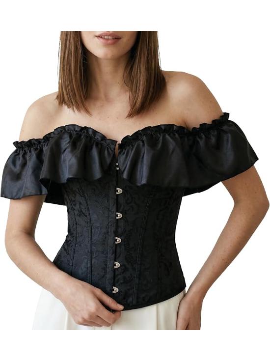 Corset preto com babados para mulheres - Traje de princesa, marquesa e dama de época