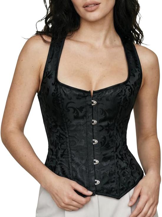 Corset feminino preto floral com fecho frontal - Ideal para trajes medievais, de princesa e marquesa.