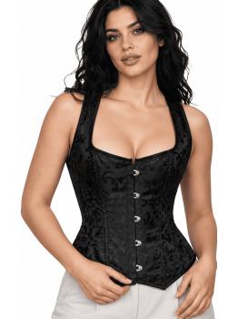 Corset feminino preto floral com fecho frontal - Ideal para trajes medievais, de princesa e marquesa.