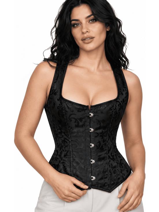 Corset feminino preto floral com fecho frontal - Ideal para trajes medievais, de princesa e marquesa.