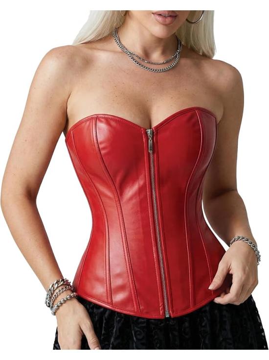 Corset feminino vermelho com efeito de couro e zíper frontal - Fantasia Sexy