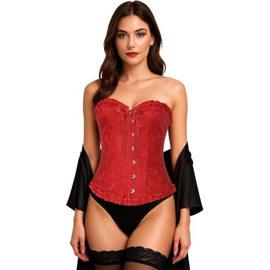 Corset de renda vermelha para mulheres – Acessório de fantasia para carnaval, princesas e festas elegantes.