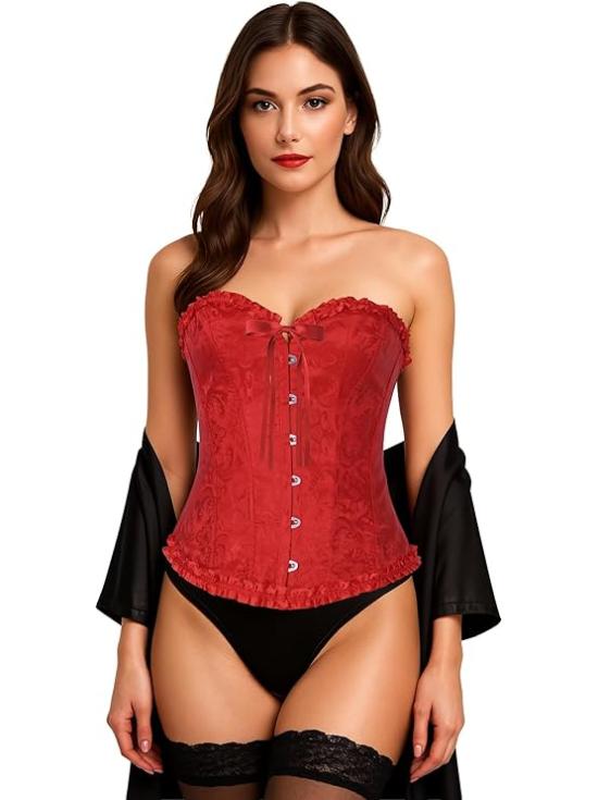 Corset de renda vermelha para mulheres – Acessório de fantasia para carnaval, princesas e festas elegantes.