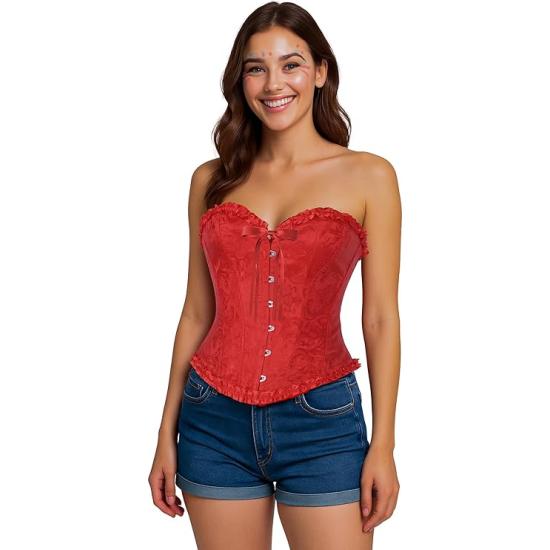 Corset de renda vermelha para mulheres – Acessório de fantasia para carnaval, princesas e festas elegantes.