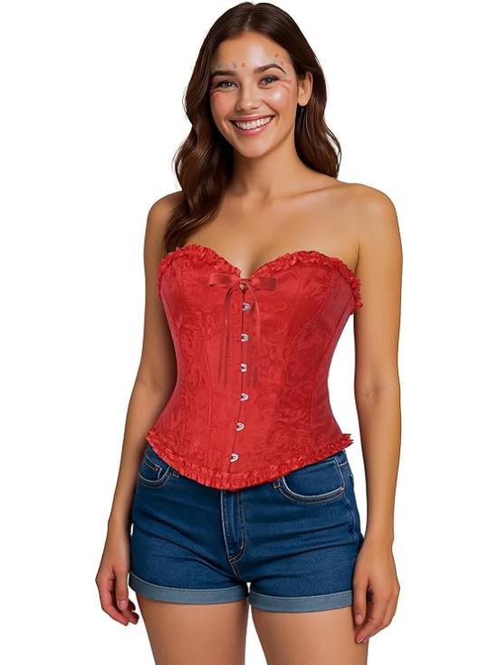 Corset de renda vermelha para mulheres – Acessório de fantasia para carnaval, princesas e festas elegantes.