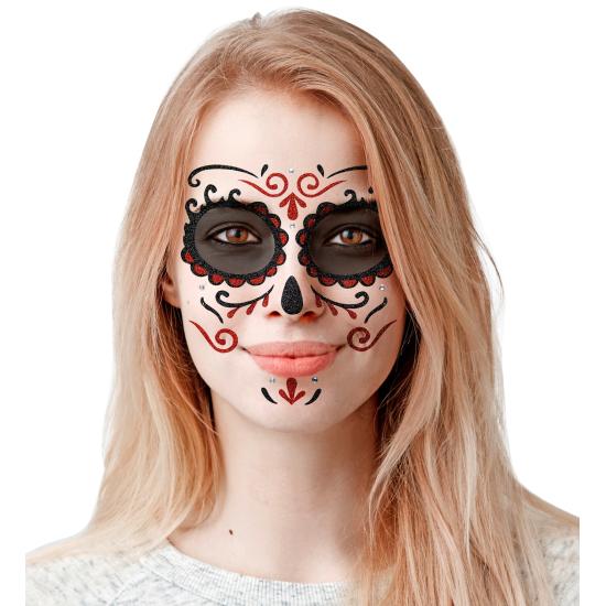 Decoração adesiva Dia de los Muertos Catrina com glitter em vermelho