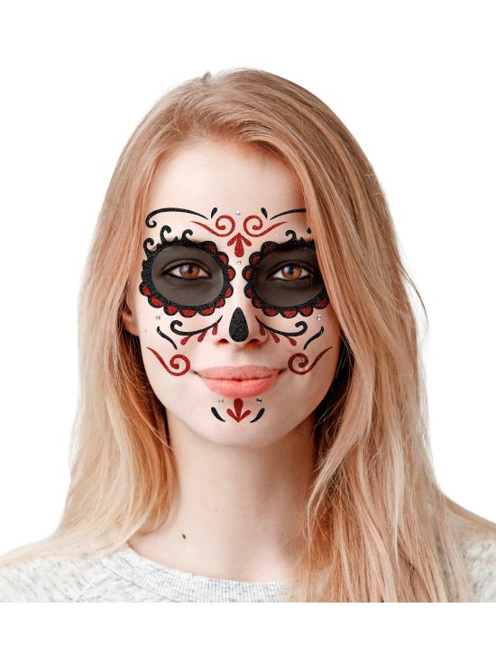 Decoração adesiva Dia de los Muertos Catrina com glitter em vermelho
