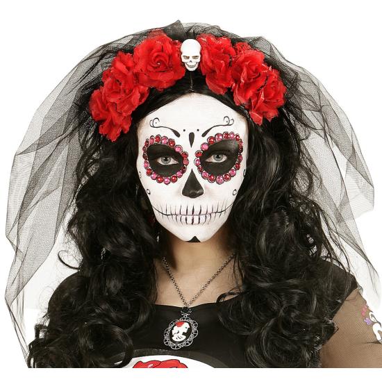 Tiara 6 Rosas Vermelhas com Caveira e Véu