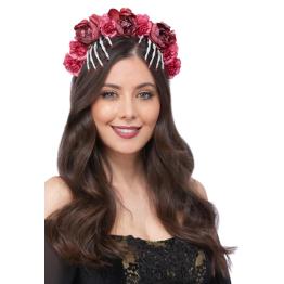 Tiara com rosas vermelhas e esqueletos