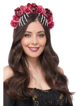 Tiara com rosas vermelhas e esqueletos