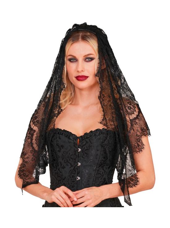 Tiara com véu preto – Acessório de fantasia para o Halloween e festas de terror.