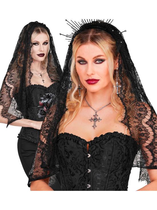Tiara com véu preto – Acessório de fantasia para o Halloween e festas de terror.