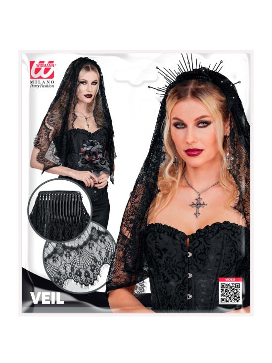 Tiara com véu preto – Acessório de fantasia para o Halloween e festas de terror.