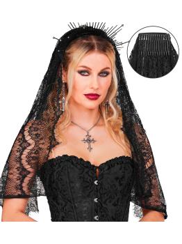 Tiara com véu preto – Acessório de fantasia para o Halloween e festas de terror.