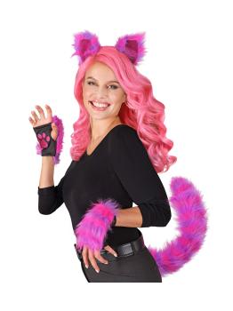 Acessórios para fantasia de gato Cheshire neon – orelhas, rabo e luvas