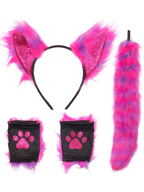 Acessórios para fantasia de gato Cheshire neon – orelhas, rabo e luvas