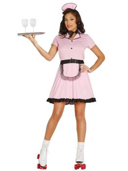 Traje de garçonete rosa retrô adulto. Econômico