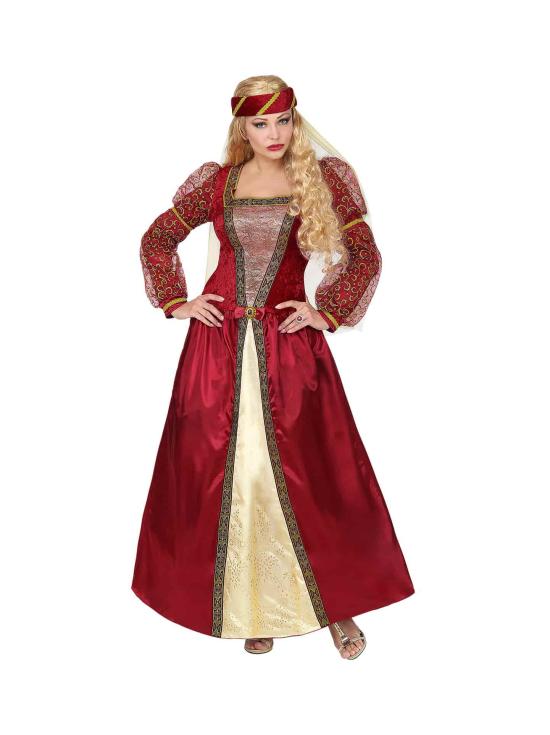 Fato de senhora medieval vermelha de luxo para adulto
