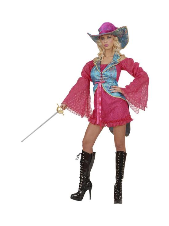 Fantasia sexy de mosqueteiro rosa para adulto.