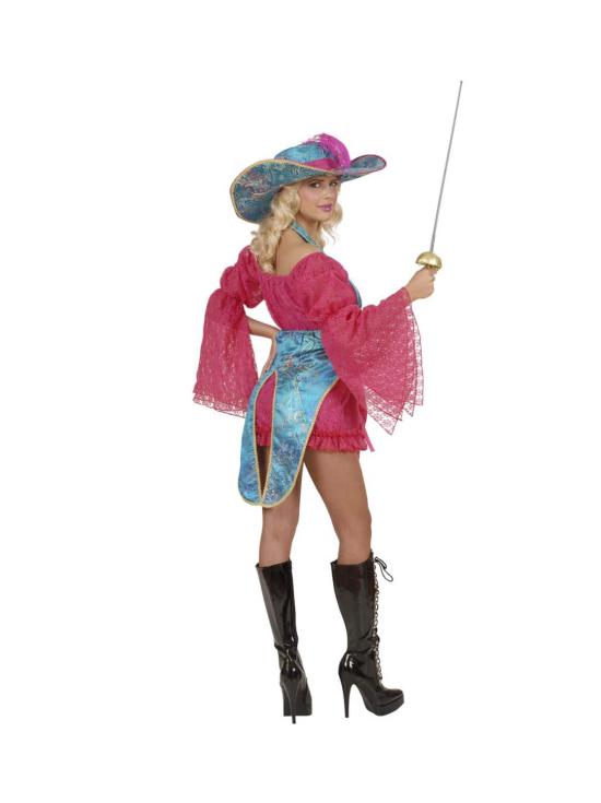 Fantasia sexy de mosqueteiro rosa para adulto.