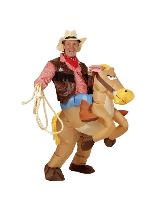 Fantasia de cowboy adulto com cavalo inflável, tamanho único