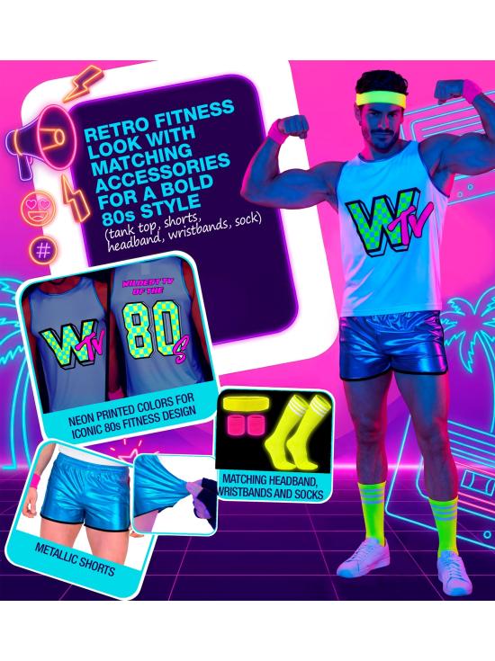 Fantasia de aeróbica dos anos 80 para homens, cor fluorescente escura.