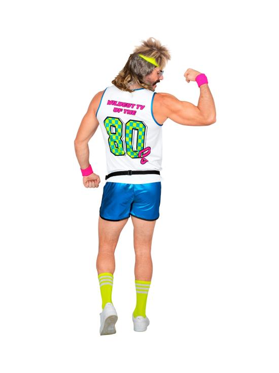 Fantasia de aeróbica dos anos 80 para homens, cor fluorescente escura.