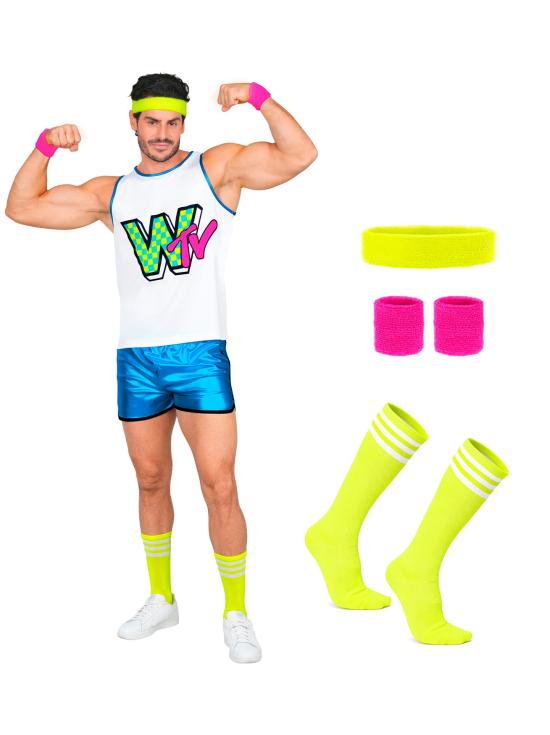 Fantasia de aeróbica dos anos 80 para homens, cor fluorescente escura.