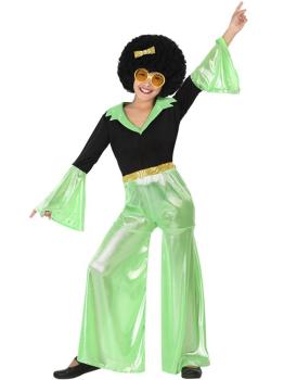 Fantasia de menina discoteca verde dos anos 70.