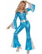 Fantasia feminina azul estilo discoteca dos anos 70 inspirada no ABBA, com cinto.