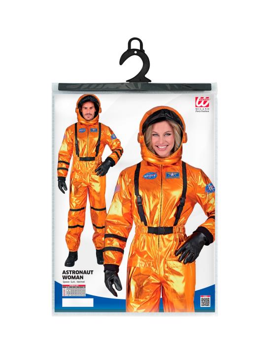 Fantasia de astronauta laranja para missão espacial, ideal para mulheres.