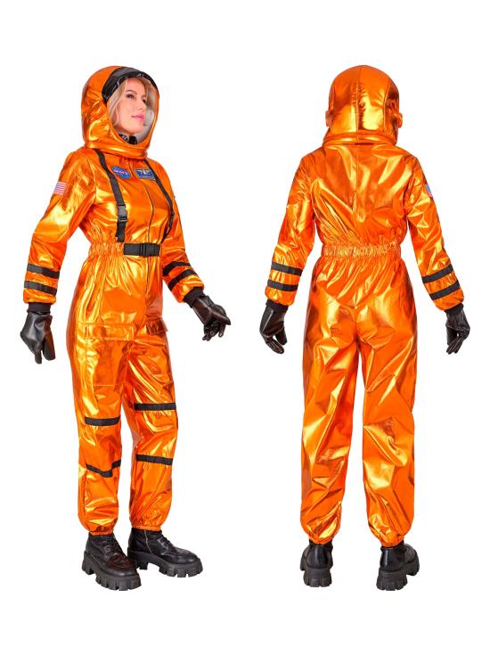 Fantasia de astronauta laranja para missão espacial, ideal para mulheres.