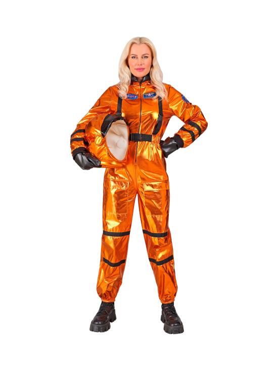 Fantasia de astronauta laranja para missão espacial, ideal para mulheres.