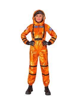 Fantasia de astronauta laranja para missão espacial, ideal para mulheres.