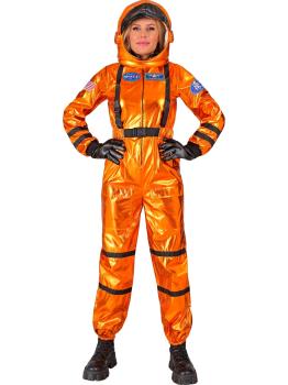 Fantasia de astronauta laranja para missão espacial, ideal para mulheres.