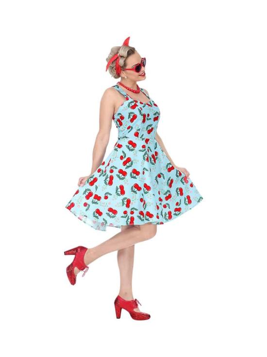 Traje de menina azul da moda dos anos 50 tamanho adulto