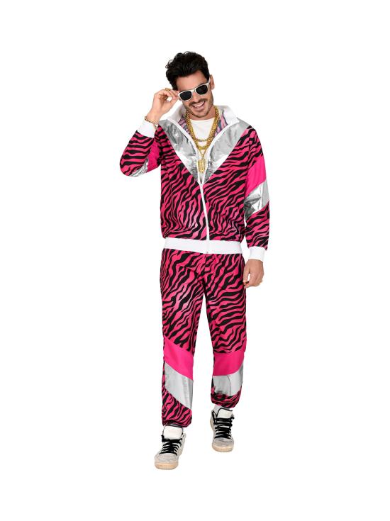 Fantasia de agasalho de tigre rosa dos anos 80 para adultos